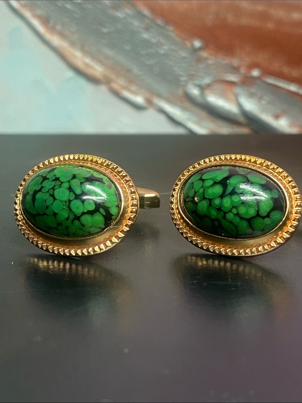 3📚/$25 - Gold Tone Cufflinks Green Turquoise Color Stones Germany Gift 1980's